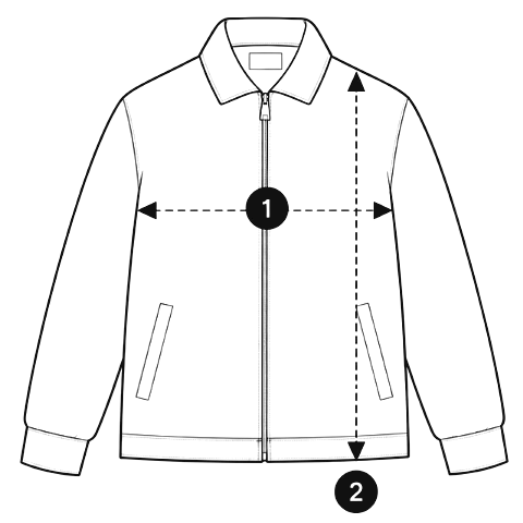 Jacket laid flat: 1, chest measured pit to pit; 2, length from the highest shoulder point to the hem.