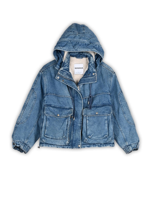 BERSHKA SHERPA-LINED DENIM HOODED JACKET - S