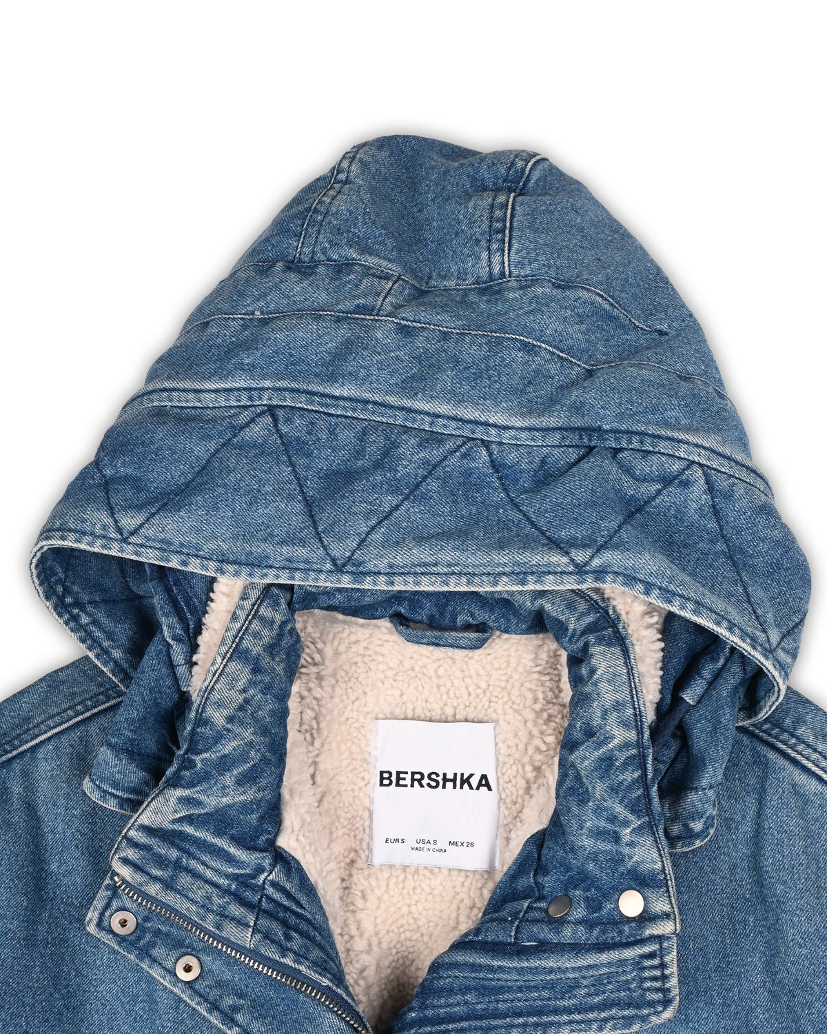BERSHKA SHERPA-LINED DENIM HOODED JACKET - S