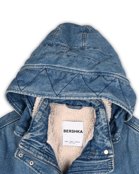 BERSHKA SHERPA-LINED DENIM HOODED JACKET - S