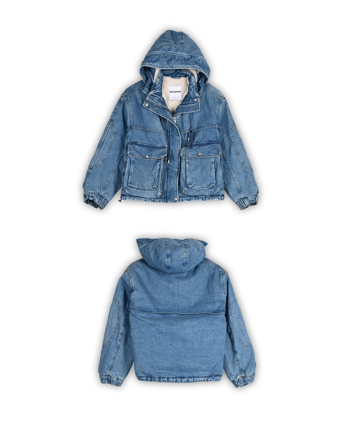 BERSHKA SHERPA-LINED DENIM HOODED JACKET - S