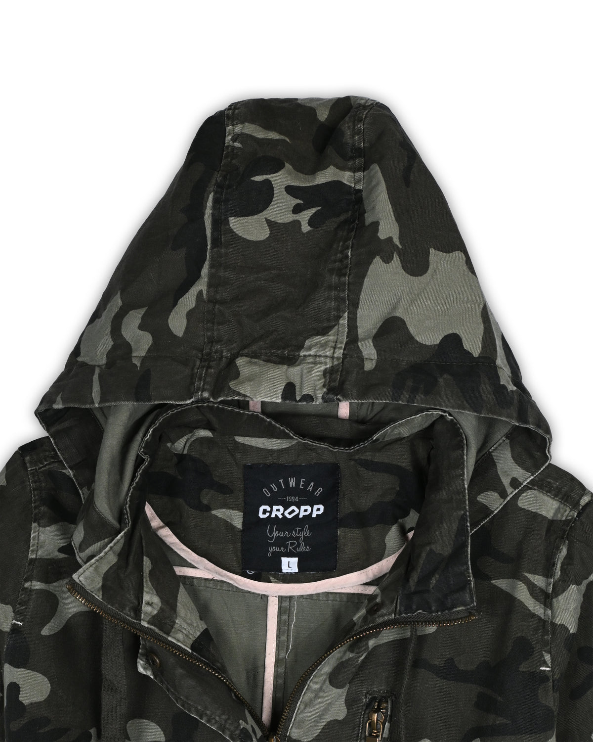 CROPP CAMOUFLAGE HOODED FIELD JACKET - L