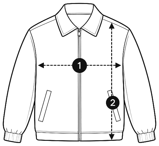 Jacket laid flat: 1, chest measured pit to pit; 2, length from the highest shoulder point to the hem.