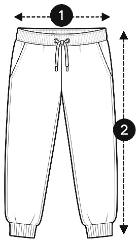 Joggers laid flat: 1, waist measured across the top; 2, length from the highest point to the bottom hem.