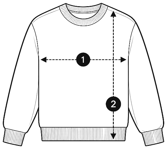Sweater laid flat: 1, chest measured pit to pit; 2, length from the highest shoulder point to the hem.