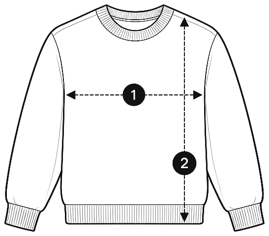 Sweatshirt laid flat: 1, chest measured pit to pit; 2, length from the highest shoulder point to the hem.
