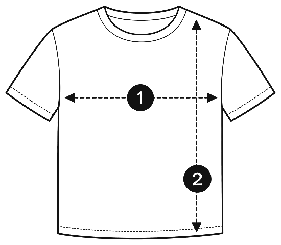 T-shirt laid flat: 1, chest measured pit to pit; 2, length from the highest shoulder point to the hem.